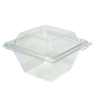 Plastová miska rPET 111x106x71 mm hranatá 250 ml s integrovaným víčkem transparentní