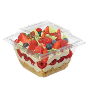 Plastová miska rPET 118x118x79 mm hranatá 370 ml s integrovaným víčkem transparentní