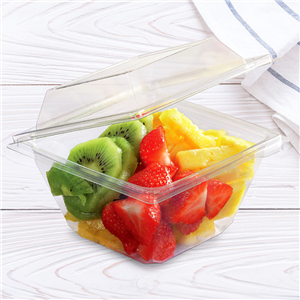 Plastová miska rPET 118x118x79 mm hranatá 370 ml s integrovaným víčkem transparentní