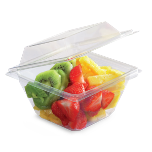 Plastová miska rPET 118x118x79 mm hranatá 370 ml s integrovaným víčkem transparentní