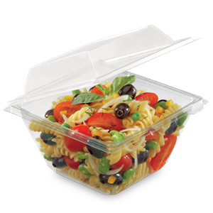 Plastová miska rPET 144x144x100 mm hranatá 750 ml s integrovaným víčkem transparentní