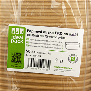 Papírová miska EKO na salát 168x120x55 mm 750 ml kraft oválná ideal pack®