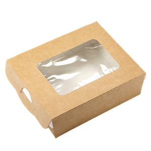 Papírový box / krabička EKO na jídlo 100x80x30 mm hnědý s okénkem ideal pack®