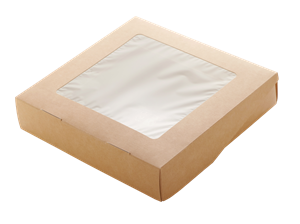 Papírový box EKO na jídlo 200x200x40 mm hnědý s okénkem 1500 ml
