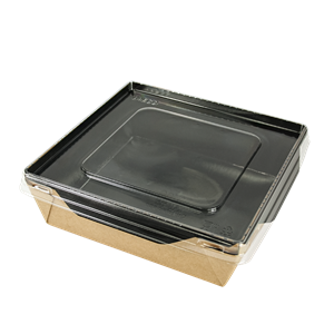Papírový box / miska EKO na salát 150x150x50 mm hnědo-černý s transp. víčkem