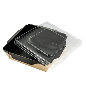 Papírový box / miska EKO na salát 150x150x50 mm hnědo-černý s transp. víčkem