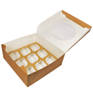 Papírová krabička EKO na muffiny 250x250x100 mm hnědá s okénkem ideal pack®